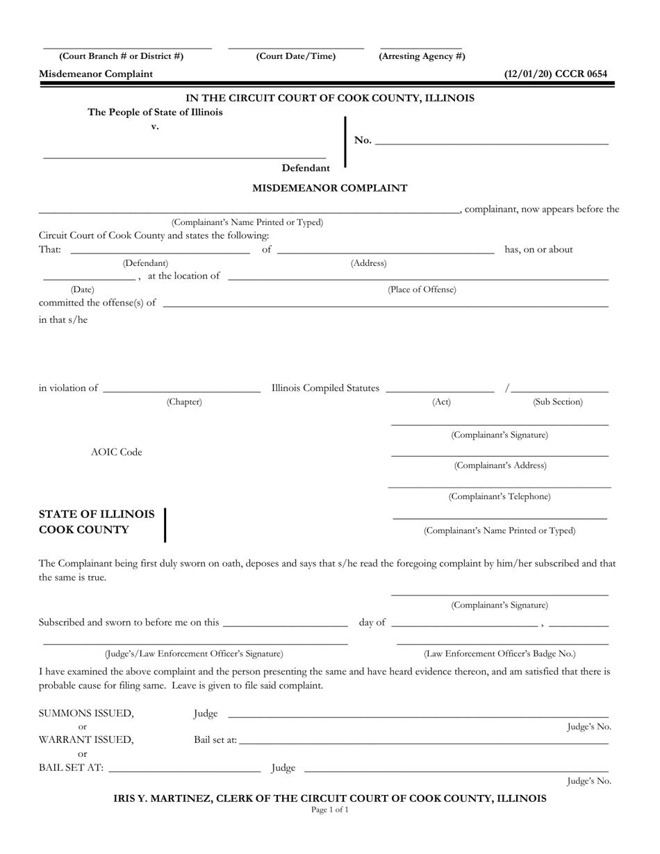 Form CCCR0654 Misdemeanor Complaint - Cook County, Illinois, Page 1