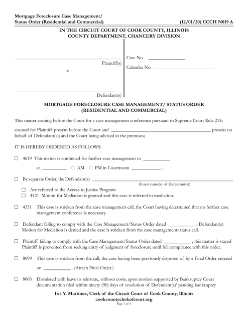 Form CCCH N019 Mortgage Foreclosure Case Management/Status Order (Residential and Commercial) - Cook County, Illinois
