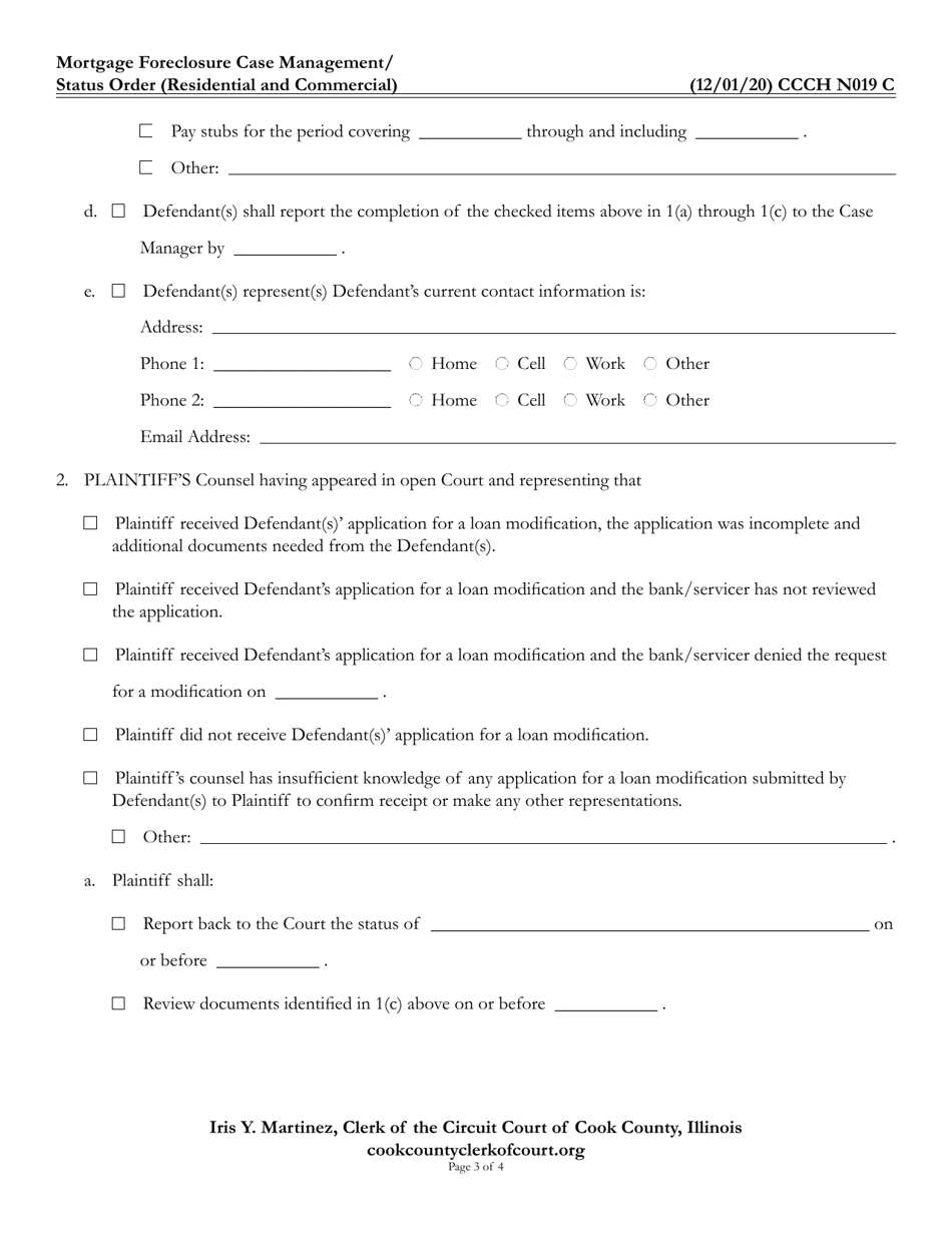 Form CCCH N019 Mortgage Foreclosure Case Management / Status Order (Residential and Commercial) - Cook County, Illinois, Page 3