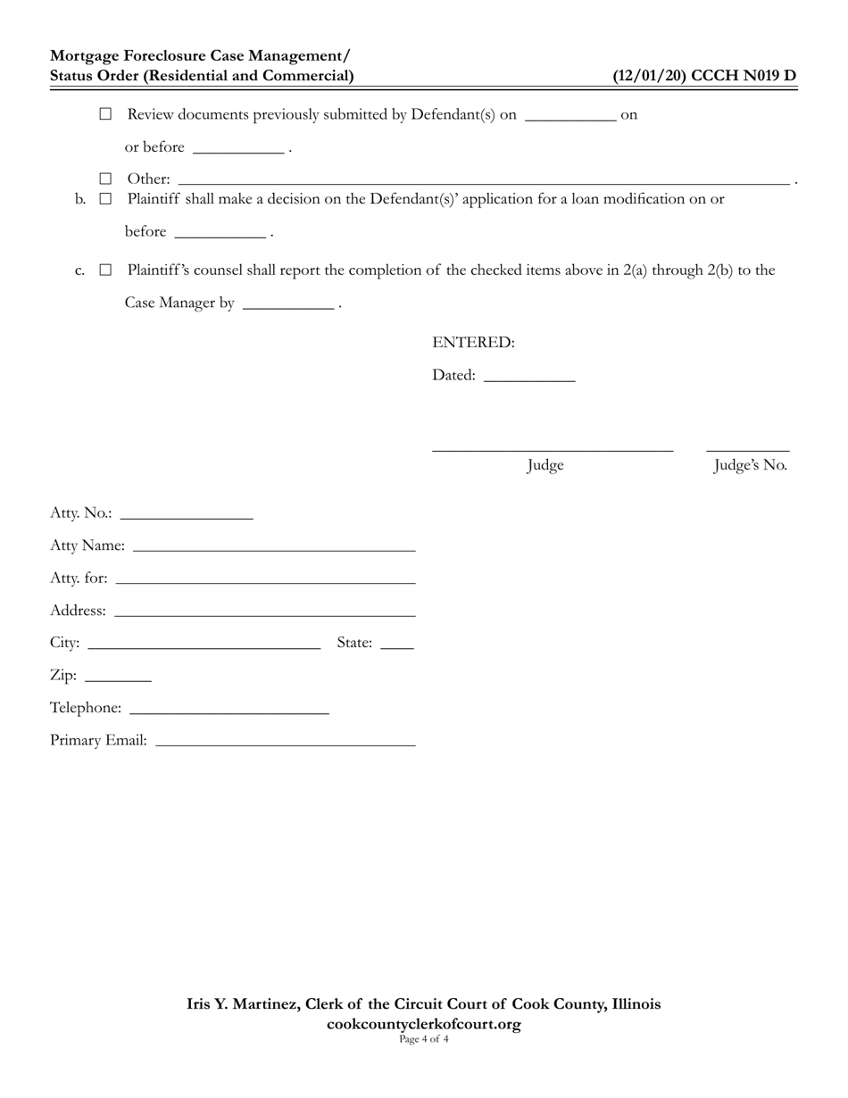 Form CCCH N019 Mortgage Foreclosure Case Management / Status Order (Residential and Commercial) - Cook County, Illinois, Page 4