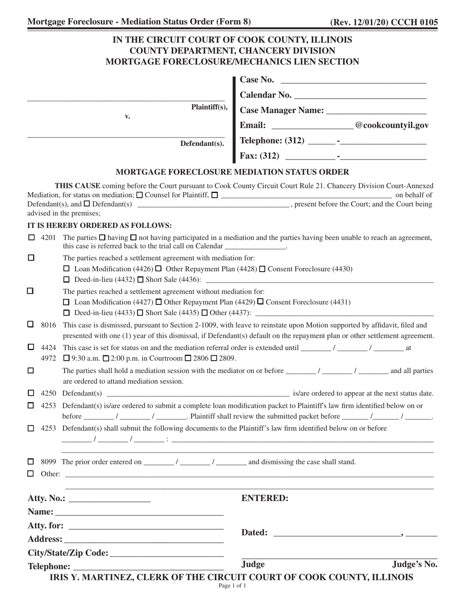 Form CCCH0105 Mortgage Foreclosure Mediation Status Order - Cook County, Illinois, Page 1