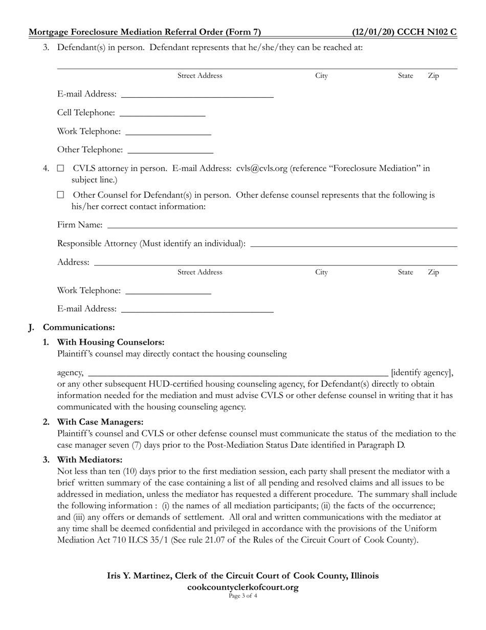 Form 7 (CCCH N102) Mortgage Foreclosure Mediation Referral Order - Cook County, Illinois, Page 3
