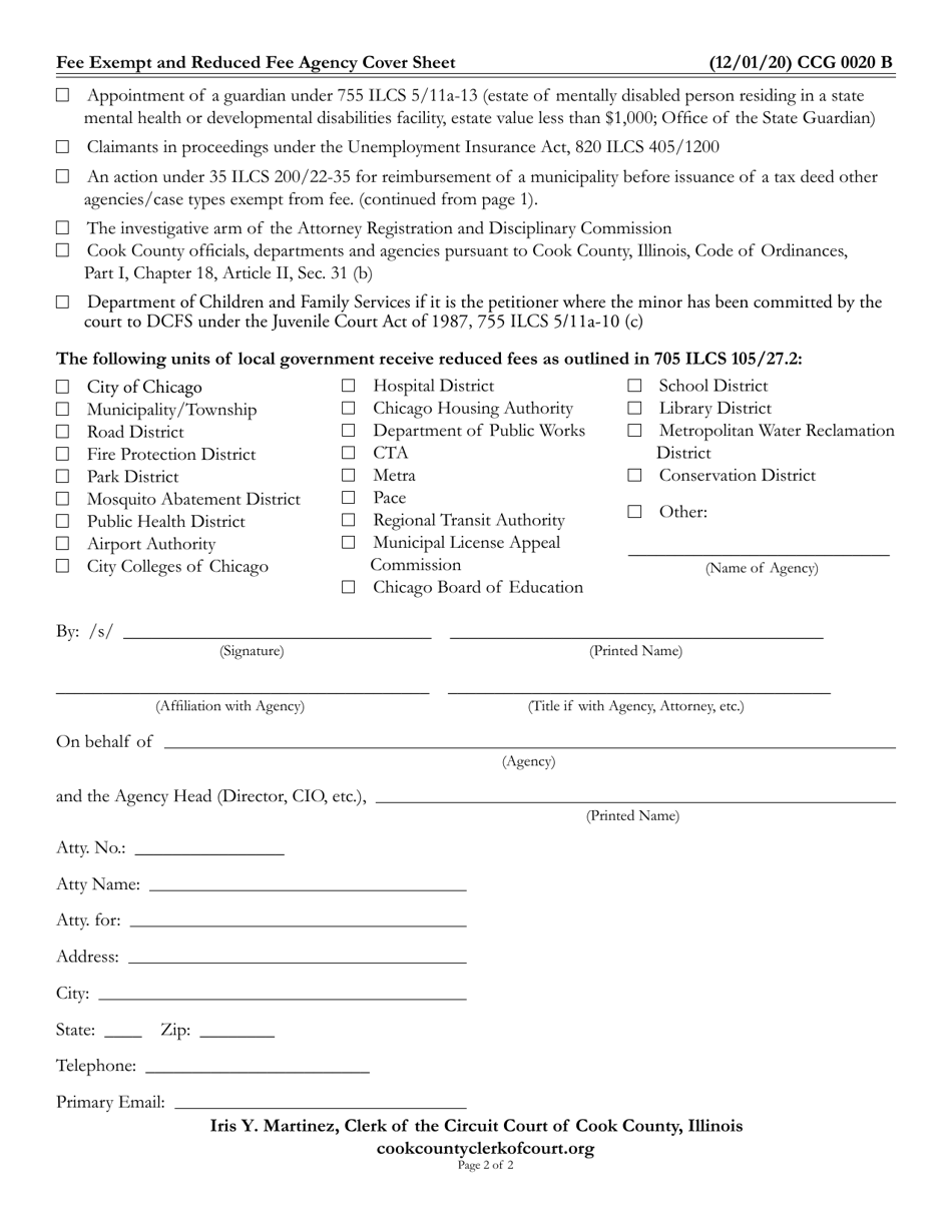 Form CCG0020 Fee Exempt and Reduced Fee Agency Cover Sheet - Cook County, Illinois, Page 2