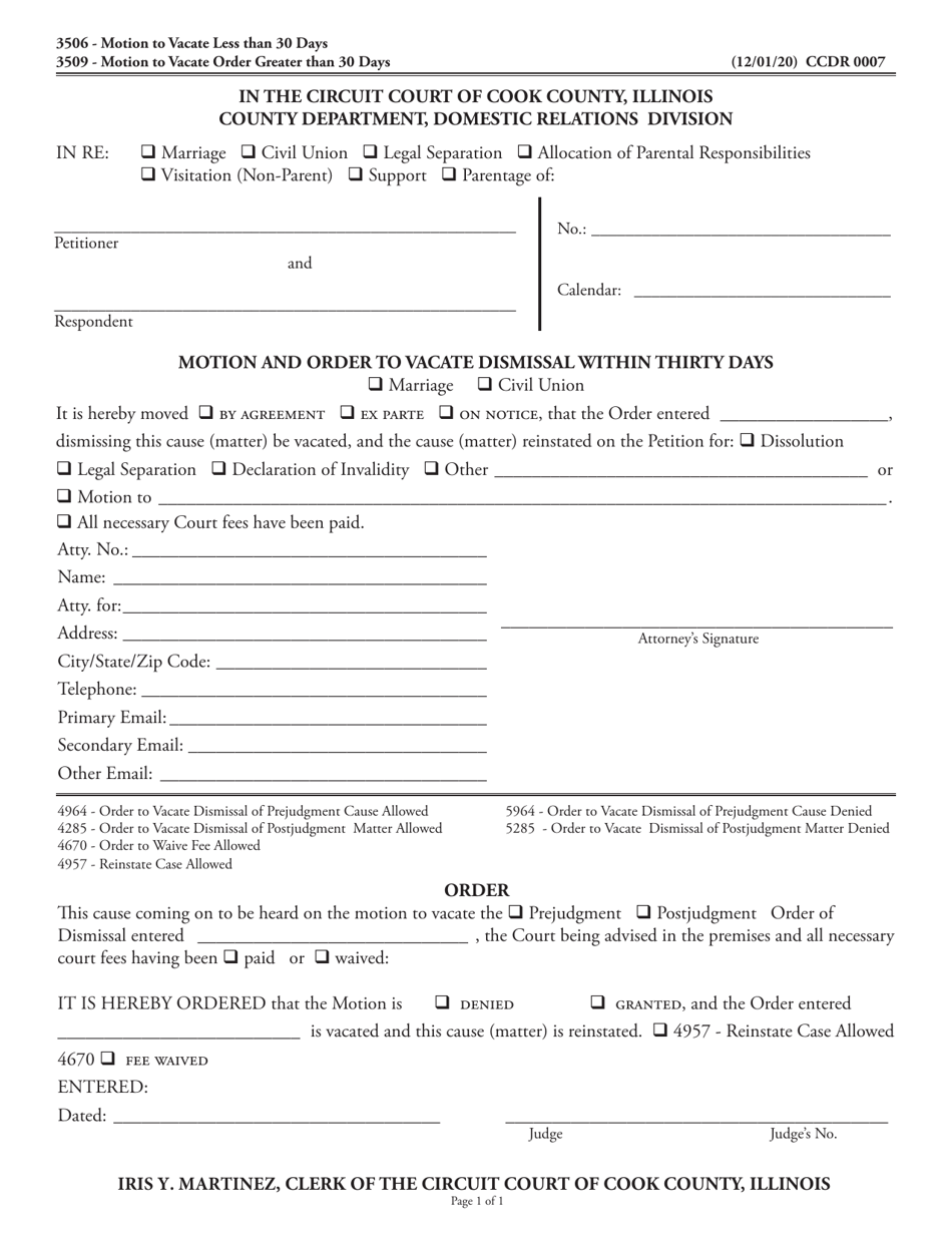 Form CCDR0007 Motion and Order to Vacate Dismissal Within Thirty Days - Cook County, Illinois, Page 1