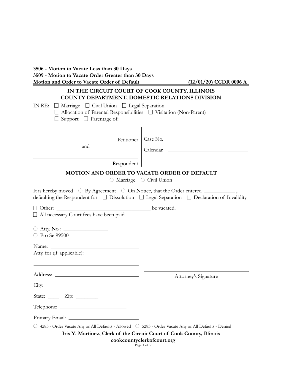 Form CCDR0006 Motion and Order to Vacate Order of Default - Cook County, Illinois, Page 1
