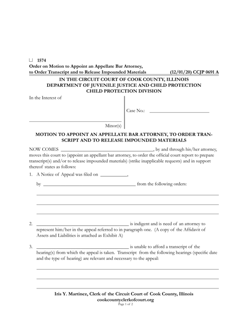 Form CCJP0691 Motion to Appoint Appellate Bar Attorney, to Order Transcript and to Release Impounded Materials - Cook County, Illinois