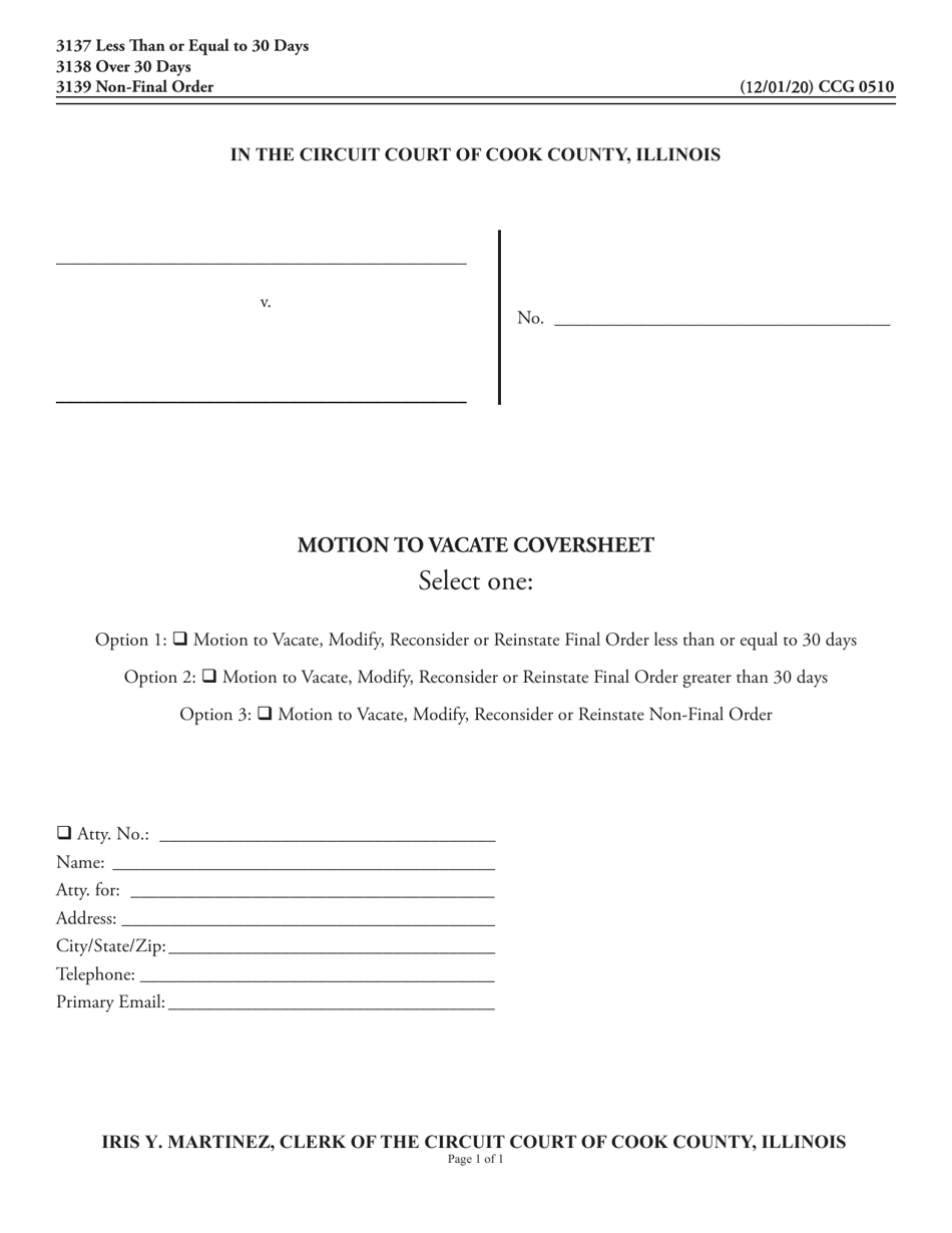 Form CCG0510 Motion to Vacate Coversheet - Cook County, Illinois, Page 1