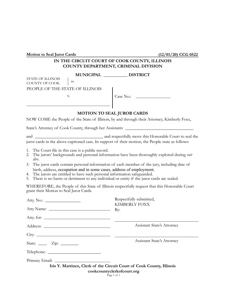 Form CCG0522 Motion to Seal Juror Cards - Cook County, Illinois, Page 1
