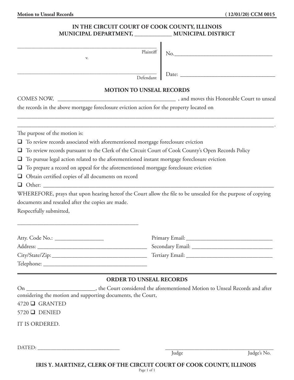 Form CCM0015 Motion to Unseal Records - Cook County, Illinois, Page 1