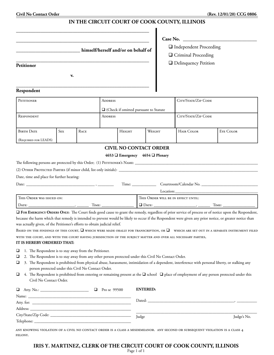 Form CCG0806 Civil No Contact Order - Cook County, Illinois, Page 1