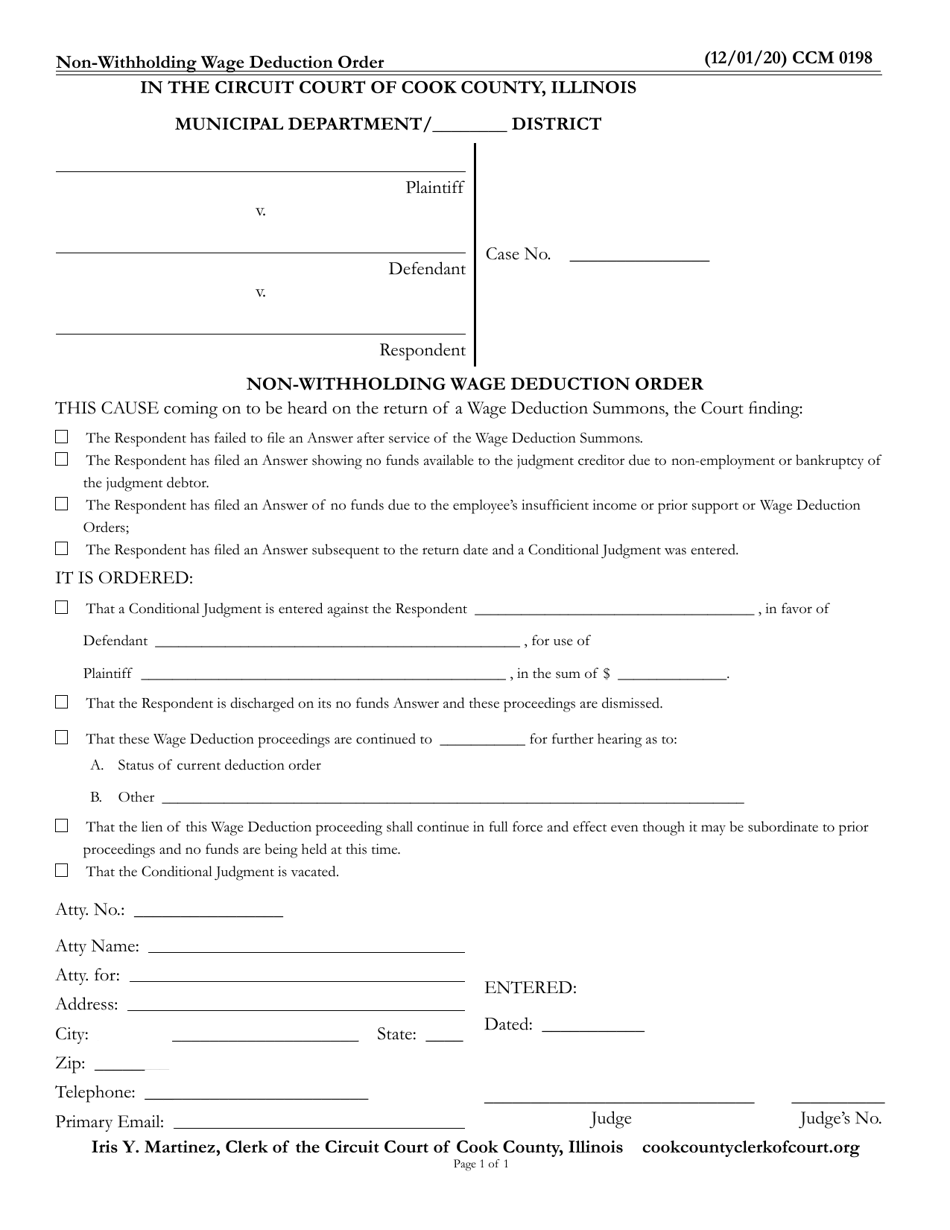 Form CCM0198 Non-withholding Wage Deduction Order - Cook County, Illinois, Page 1