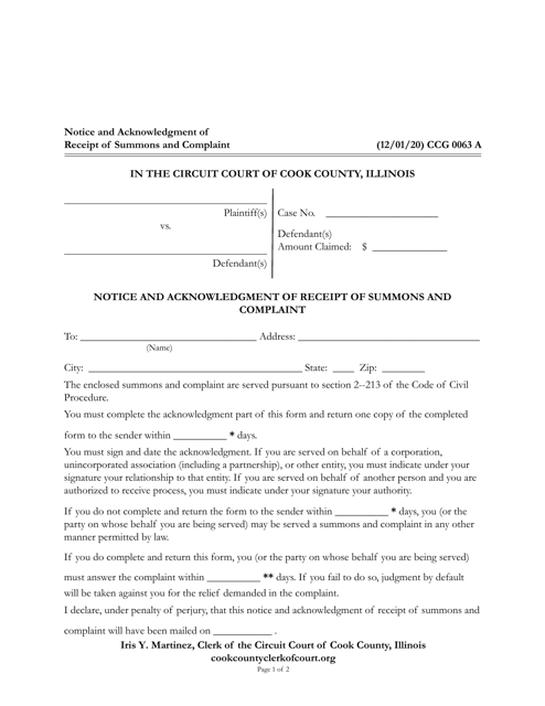 Form CCG0063 Notice and Acknowledgment of Receipt of Summons and Complaint - Cook County, Illinois