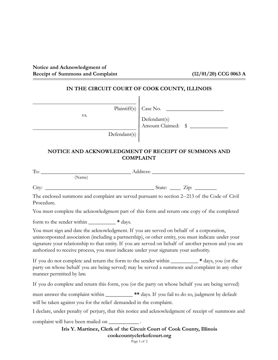 Form CCG0063 Notice and Acknowledgment of Receipt of Summons and Complaint - Cook County, Illinois, Page 1