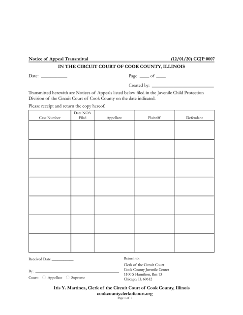 Form CCJP0007 Notice of Appeal Transmittal - Cook County, Illinois