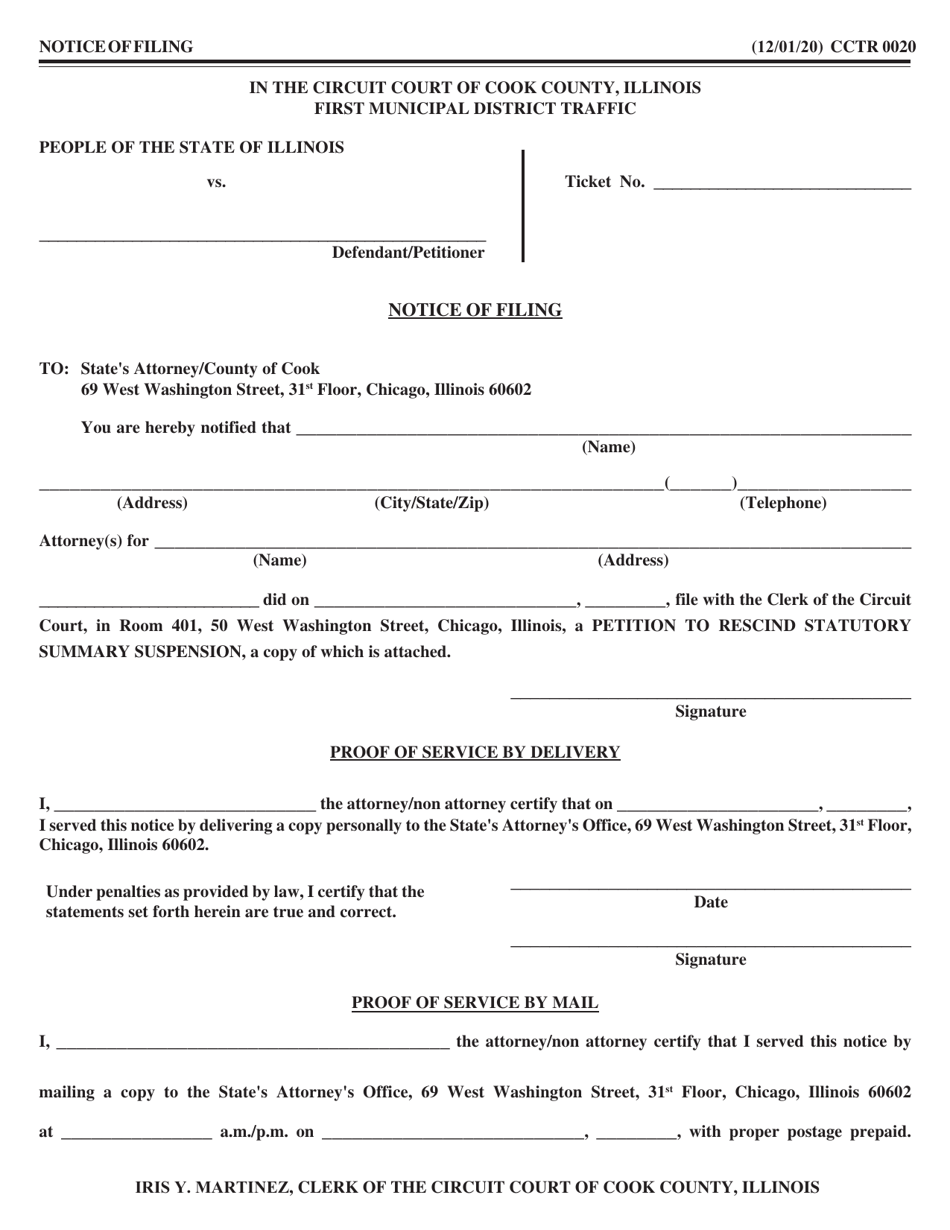 Form CCTR0020 Notice of Filing - Cook County, Illinois, Page 1