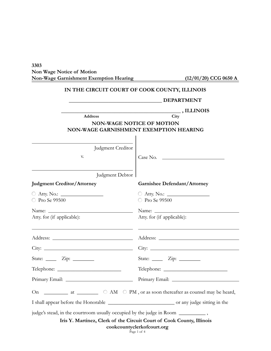 Form CCG0650 Non-wage Notice of Motion / Non-wage Garnishment Exemption Hearing - Cook County, Illinois, Page 1