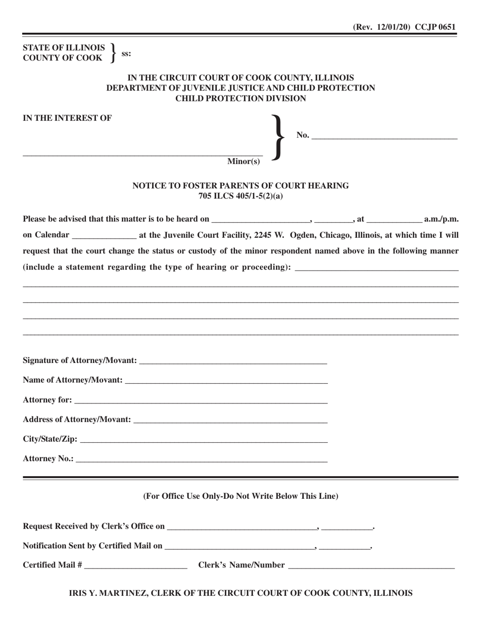 Form CCJP0651 Notice to Foster Parents of Court Hearing - Cook County, Illinois, Page 1