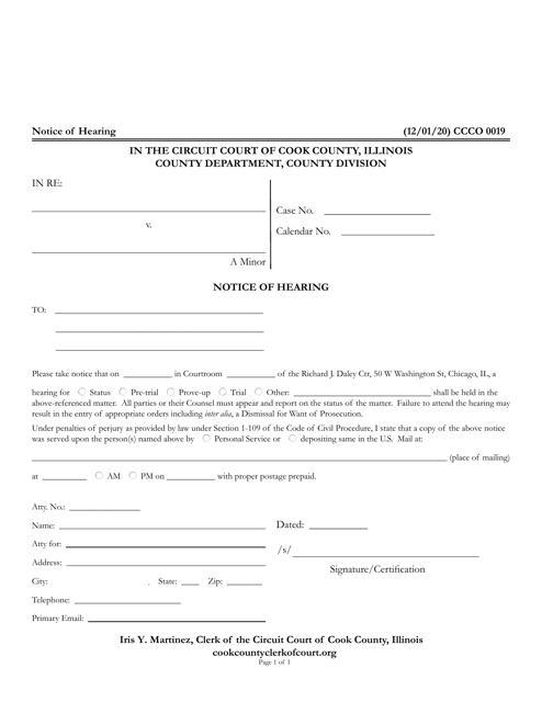 Form CCCO0019 Notice of Hearing - Cook County, Illinois