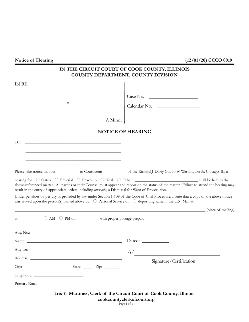 Form CCCO0019 Notice of Hearing - Cook County, Illinois, Page 1
