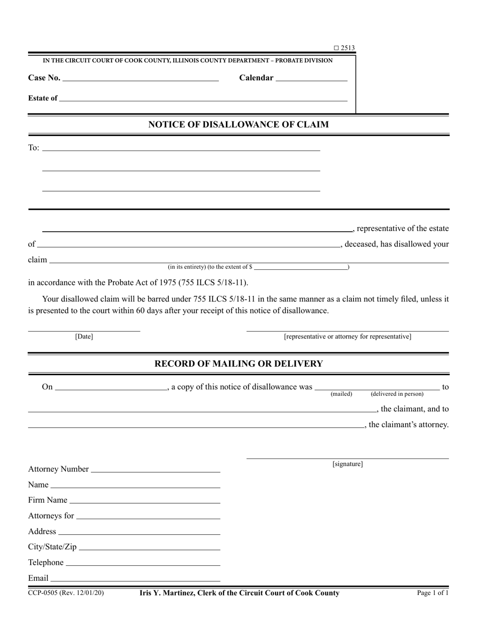 Form CCP0505 Notice of Disallowance of Claim - Cook County, Illinois, Page 1