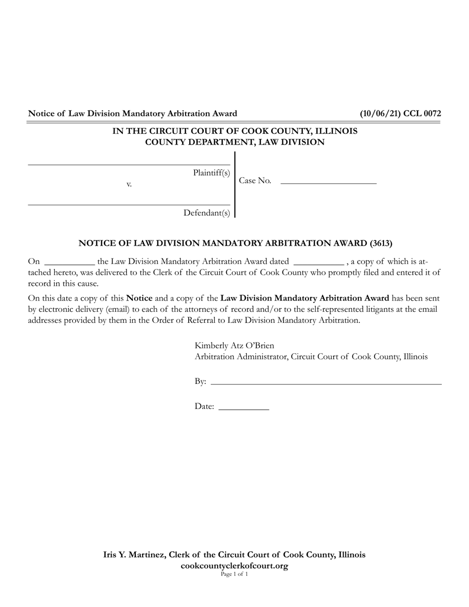 Form CCL0072 Notice of Law Division Mandatory Arbitration Award - Cook County, Illinois, Page 1