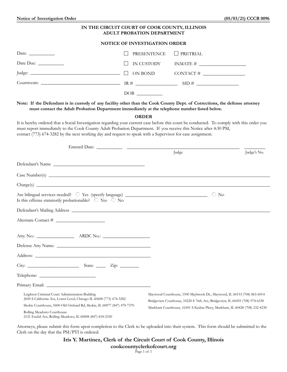 Form CCCR0096 Notice of Investigation Order - Cook County, Illinois, Page 1