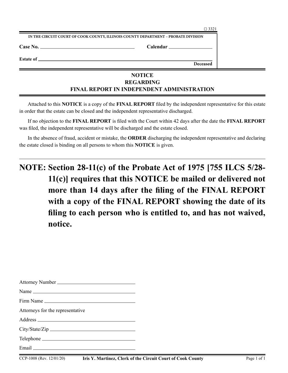 Form CCP1008 Notice Regarding Final Report in Independent Administration - Cook County, Illinois, Page 1