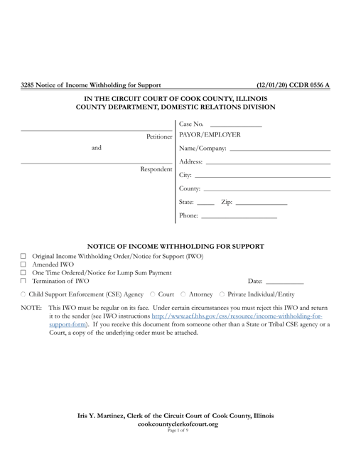 Form CCDR0556 Notice of Income Withholding for Support - Cook County, Illinois