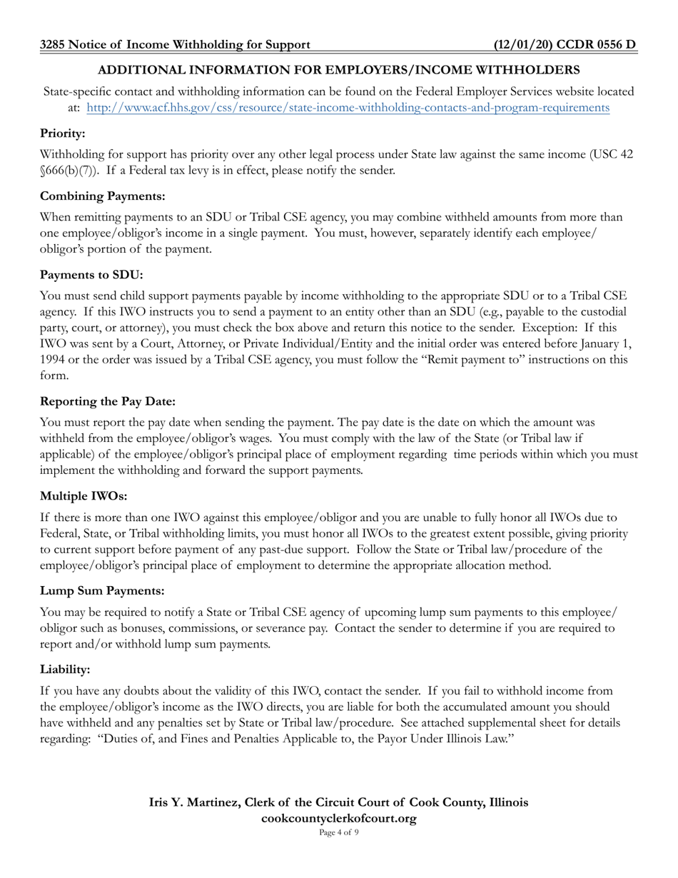 Form CCDR0556 Notice of Income Withholding for Support - Cook County, Illinois, Page 4