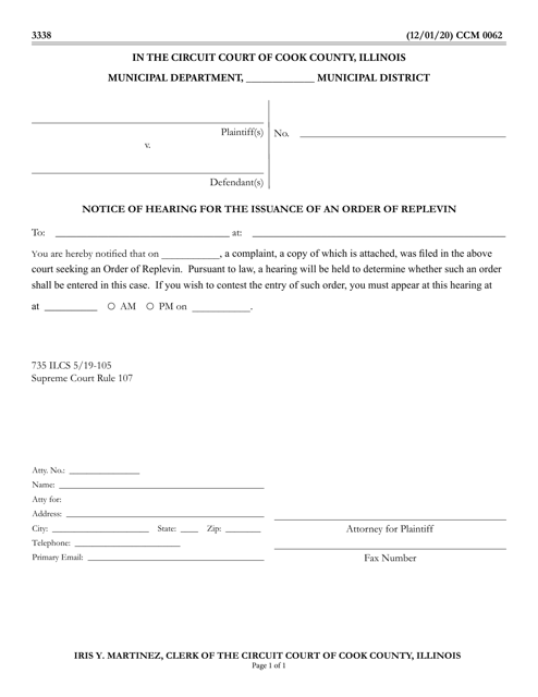 Form CCM0062 Notice of Hearing for the Issuance of an Order of Replevin - Cook County, Illinois