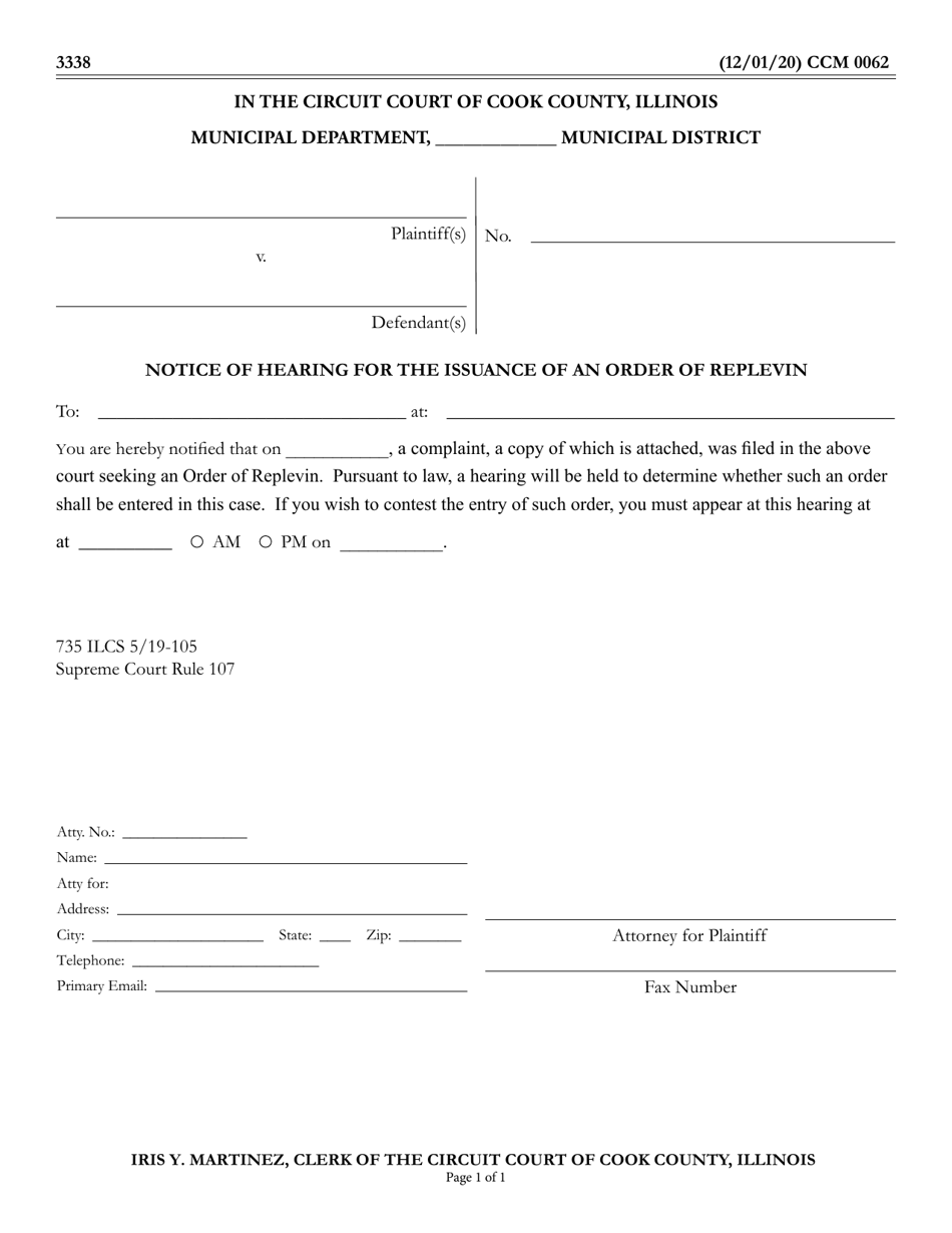 Form CCM0062 Notice of Hearing for the Issuance of an Order of Replevin - Cook County, Illinois, Page 1