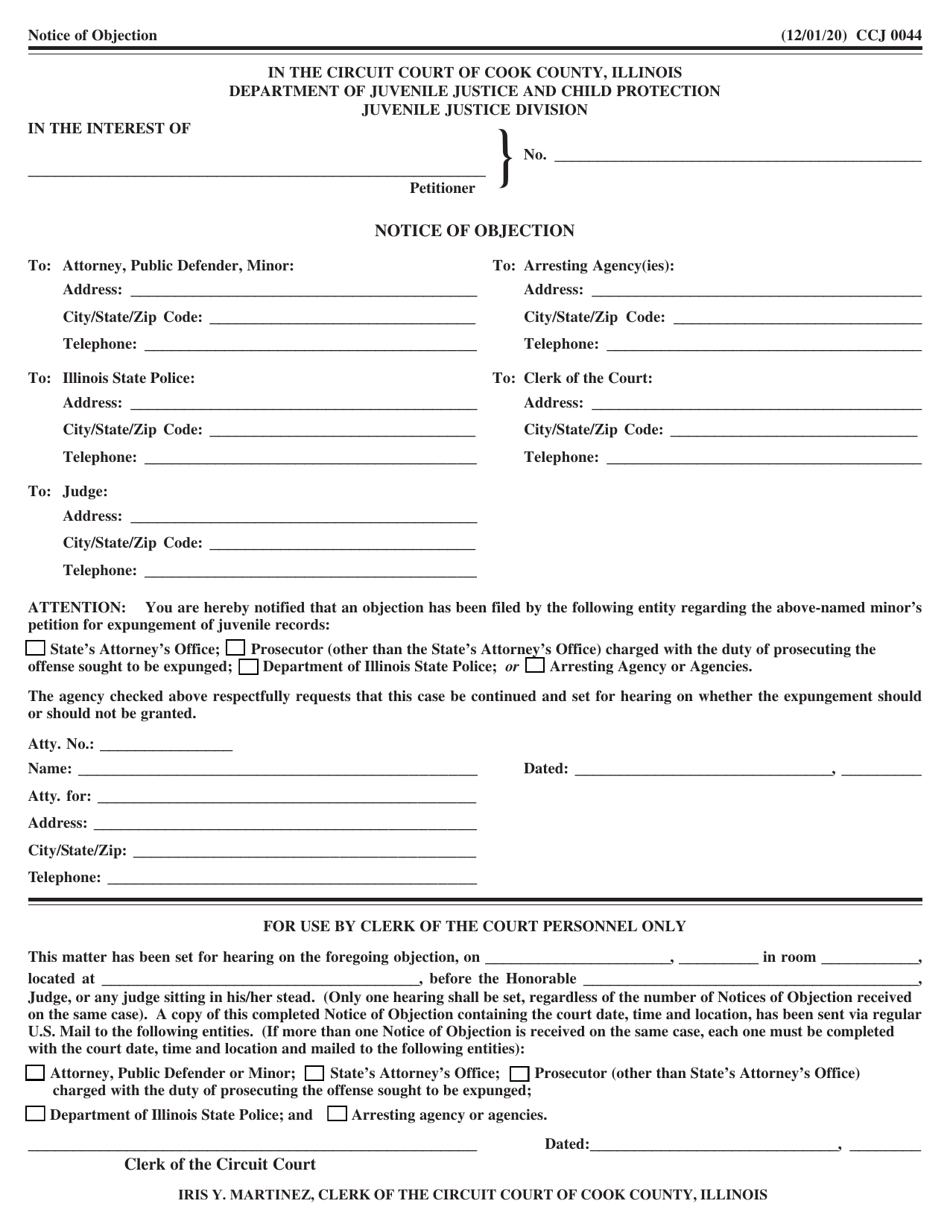 Form CCJ0044 Notice of Objection - Cook County, Illinois, Page 1