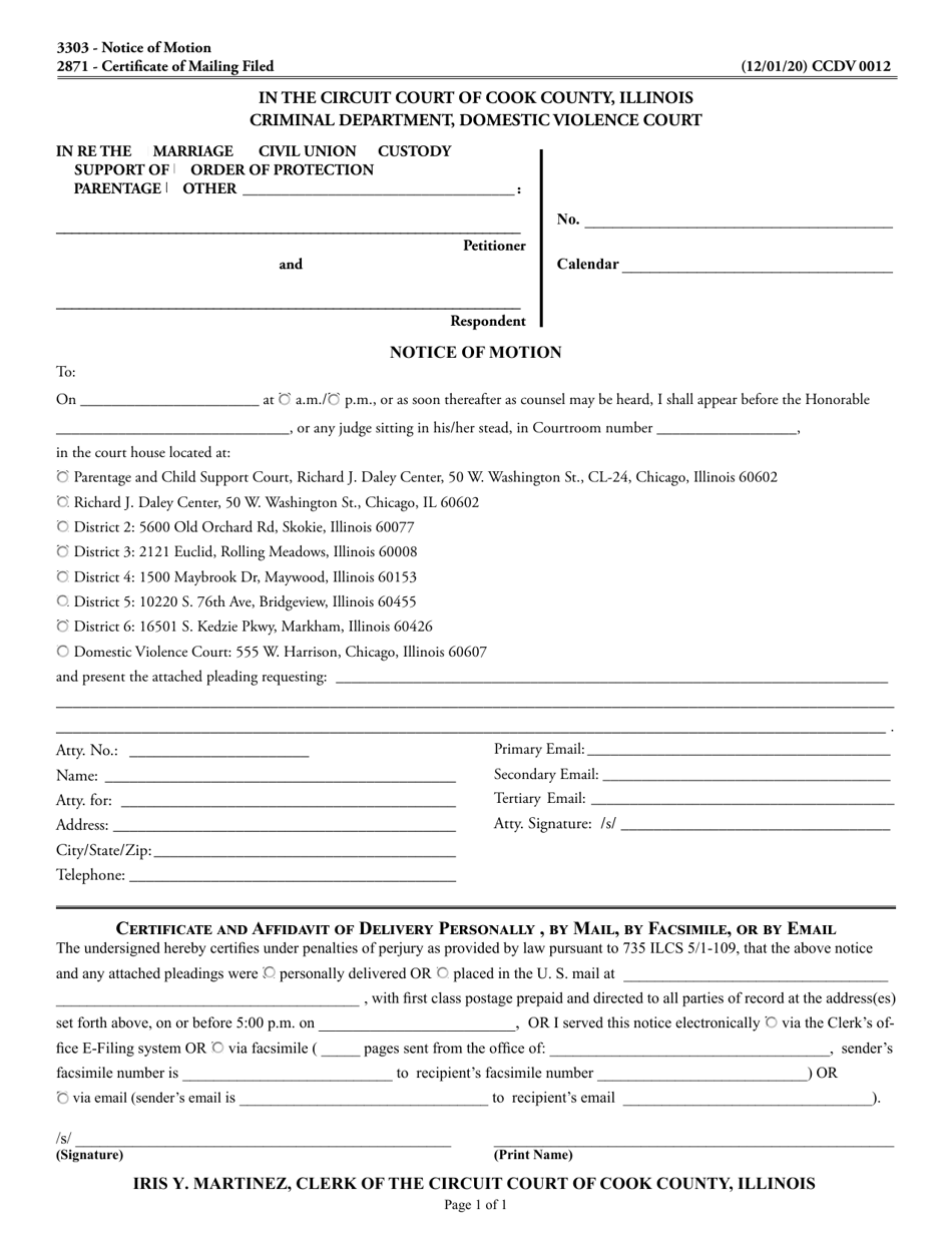 Form CCDV0012 Notice of Motion - Domestic Violence - Cook County, Illinois, Page 1