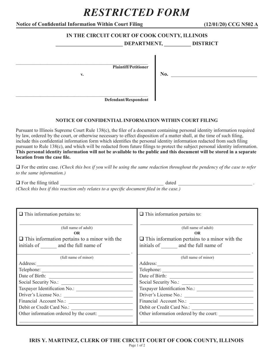 Form CCG N502 Notice of Confidential Information Within Court Filing - Cook County, Illinois, Page 1