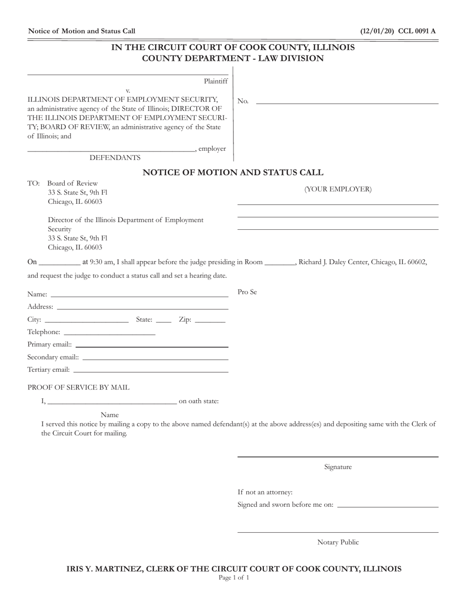 Form CCL0091 Notice of Motion and Status Call - Cook County, Illinois, Page 1