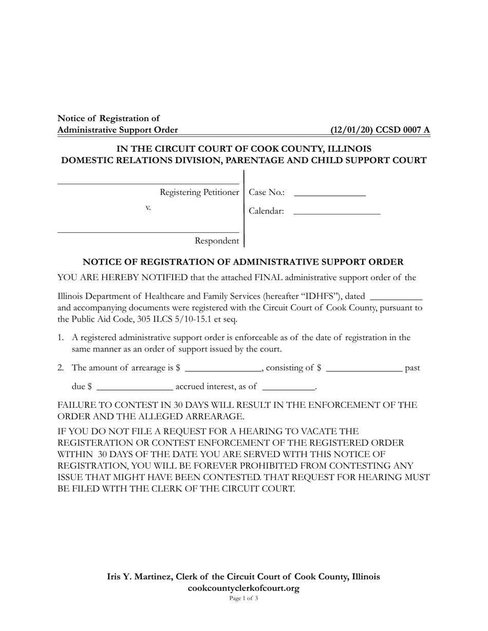 Form CCSD0007 Notice of Registration of Administrative Support Order - Cook County, Illinois, Page 1