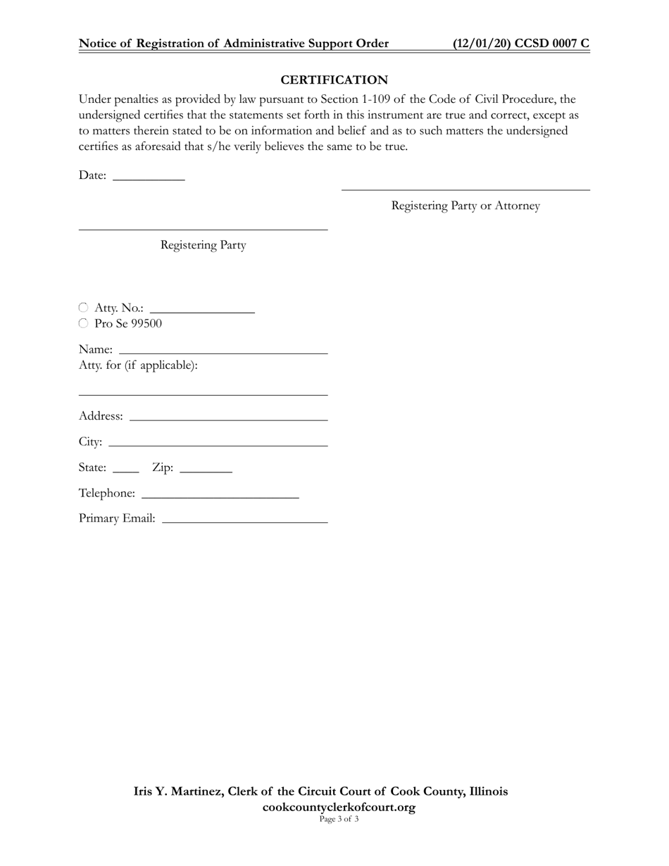Form CCSD0007 Notice of Registration of Administrative Support Order - Cook County, Illinois, Page 3