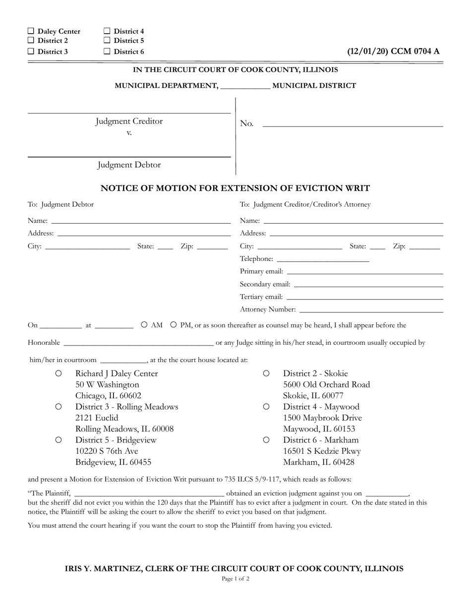 Form CCM0704 Notice of Motion for Extension of Eviction Writ - Cook County, Illinois, Page 1