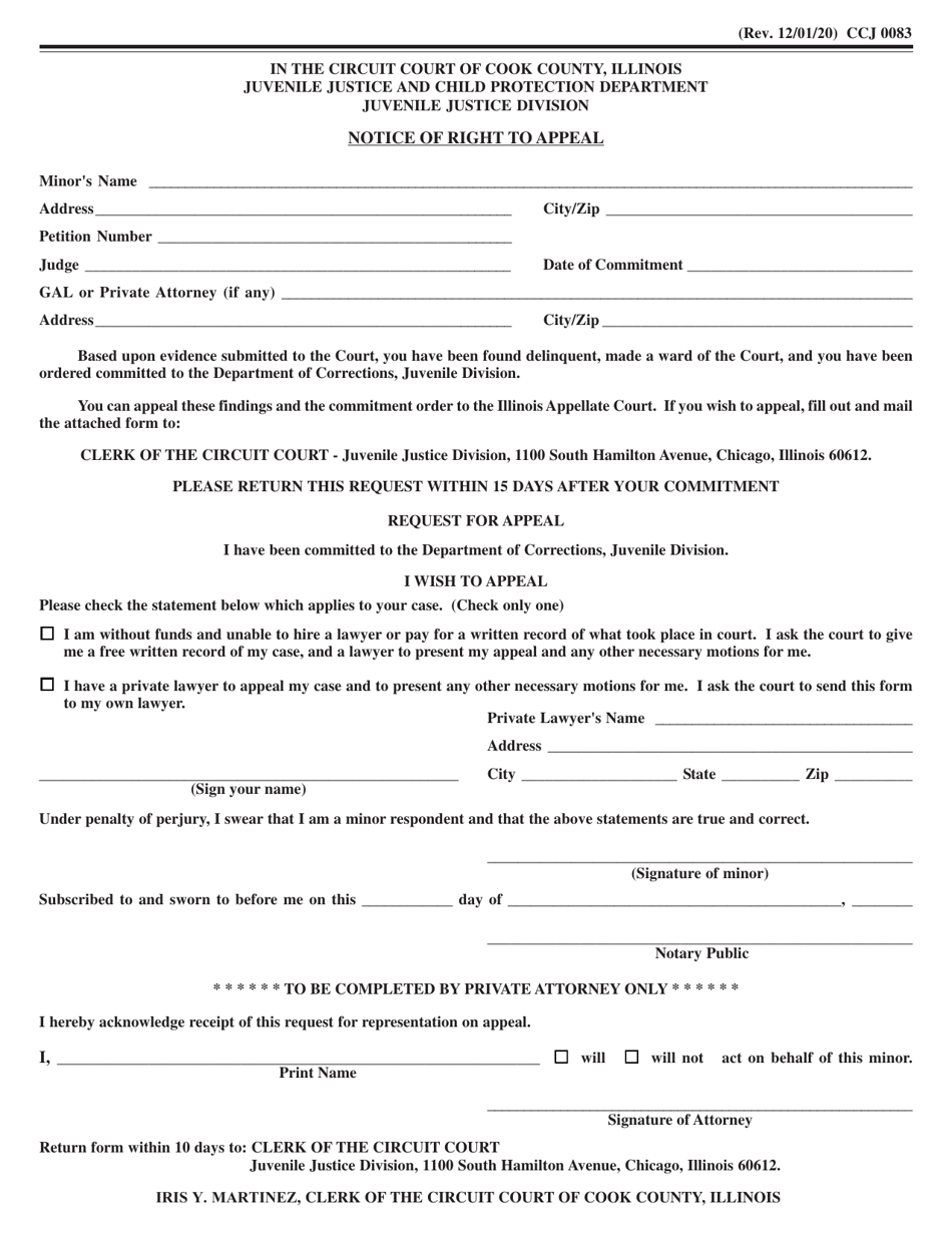 Form CCJ0083 Notice of Right to Appeal - Cook County, Illinois, Page 1