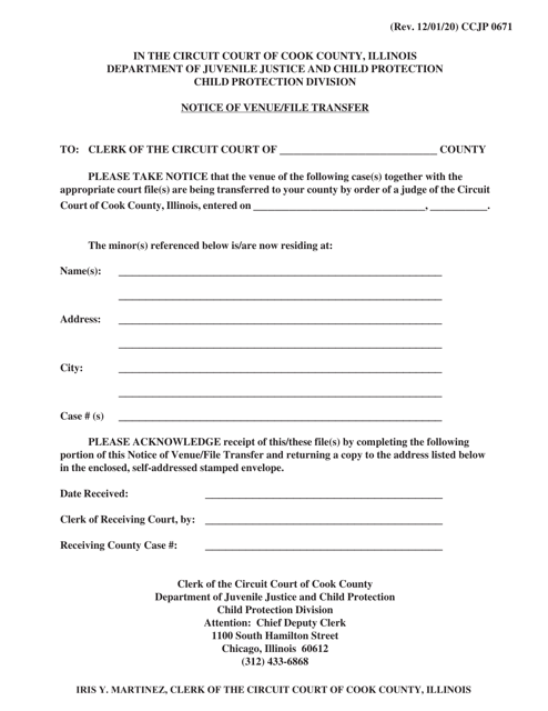 Form CCJP0671 Notice of Venue/File Transfer - Cook County, Illinois