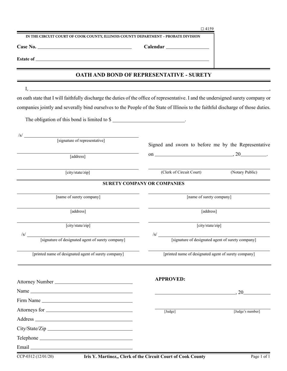 Form CCP0312 Oath and Bond of Representative - Surety - Cook County, Illinois, Page 1