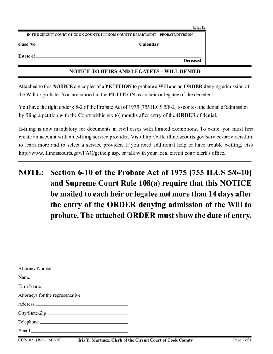 Form CCP1021 Notice to Heirs and Legatees - Will Denied - Cook County, Illinois, Page 1