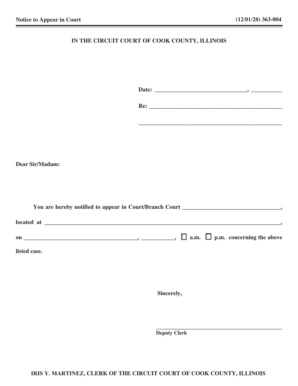 Form 363-004 Notice to Appear in Court - Cook County, Illinois, Page 1