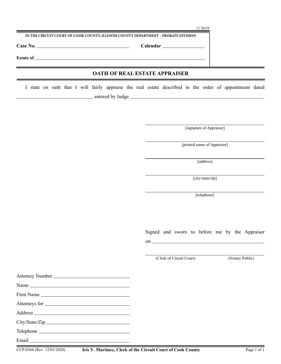 Form CCP0366 Oath of Real Estate Appraiser - Cook County, Illinois, Page 1