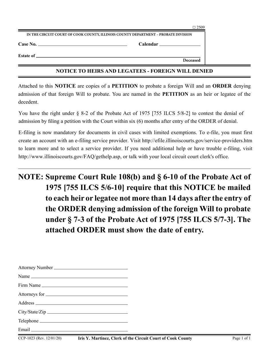 Form CCP1023 Notice to Heirs and Legatees - Foreign Will Denied - Cook County, Illinois, Page 1