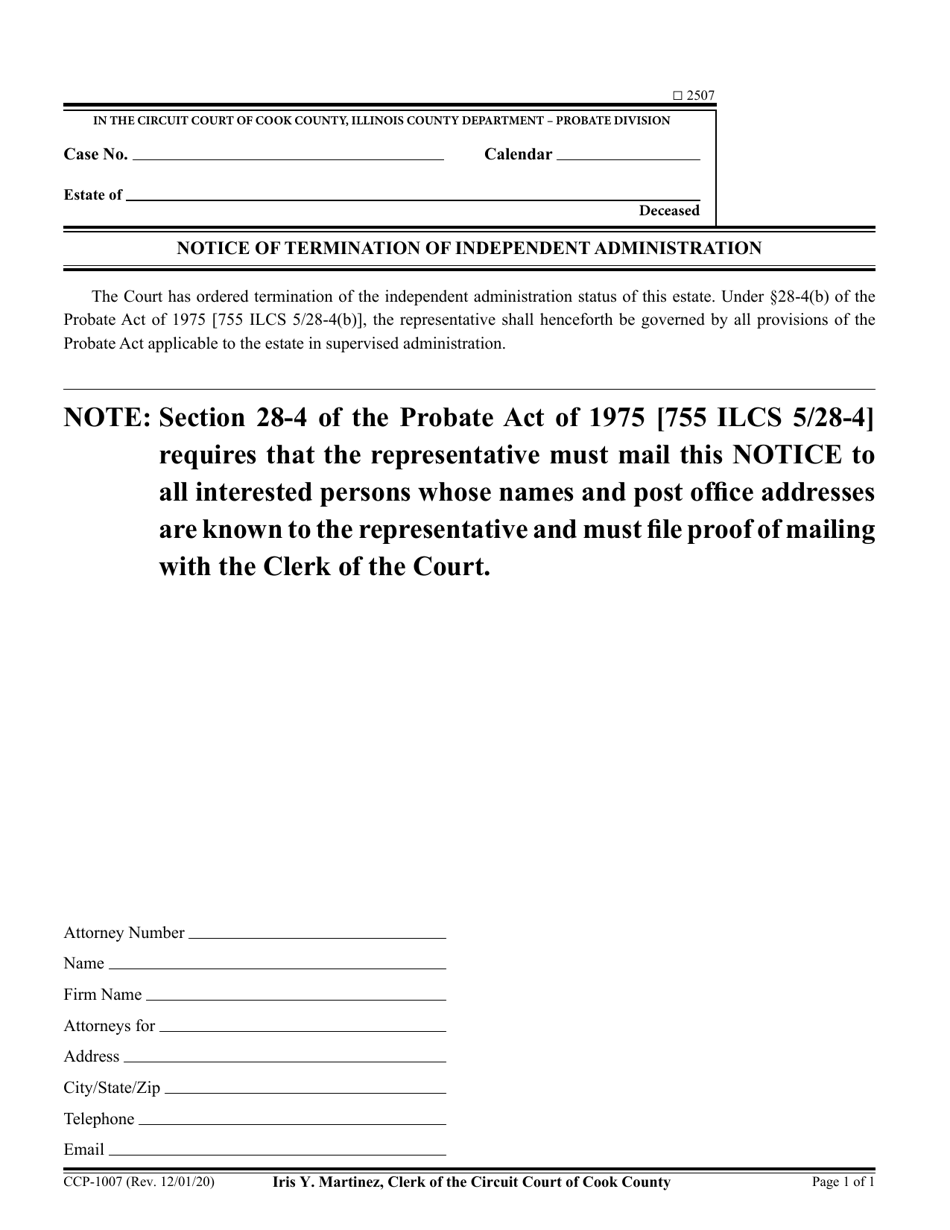 Form CCP1007 Notice of Termination of Independent Administration - Cook County, Illinois, Page 1