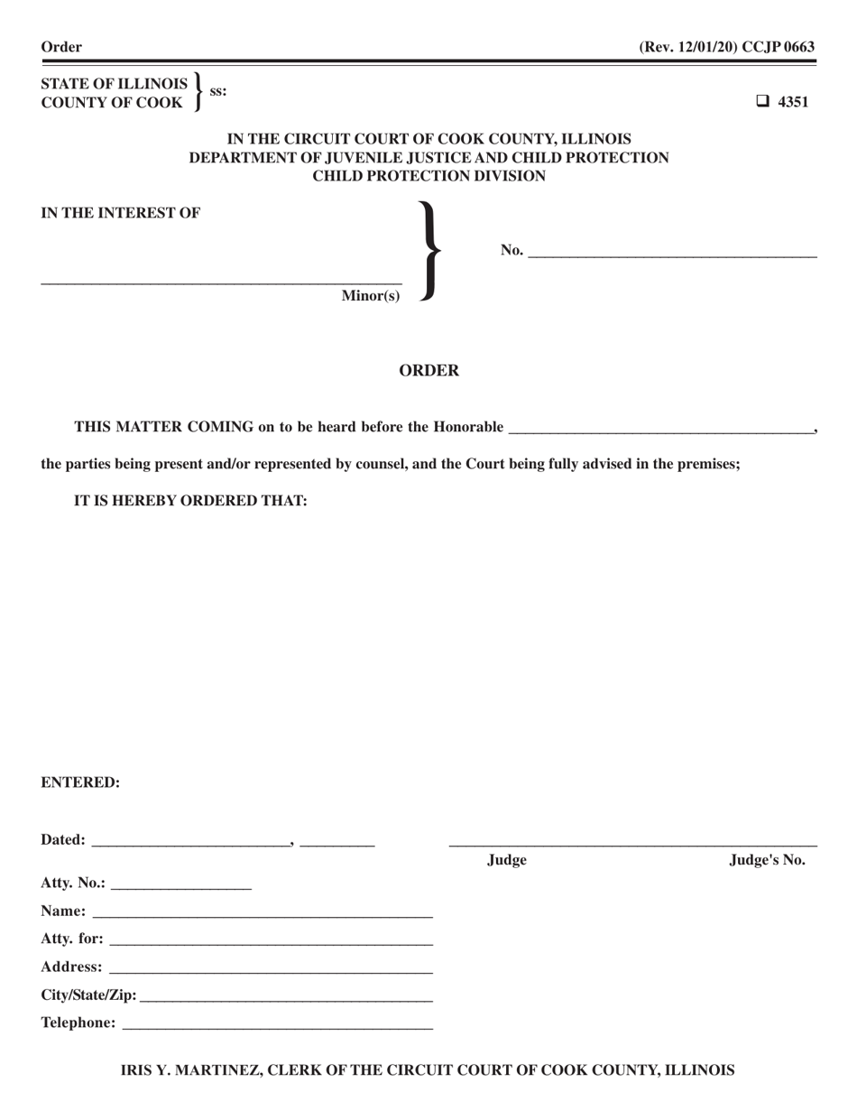 Form CCJP0663 Order - Cook County, Illinois, Page 1