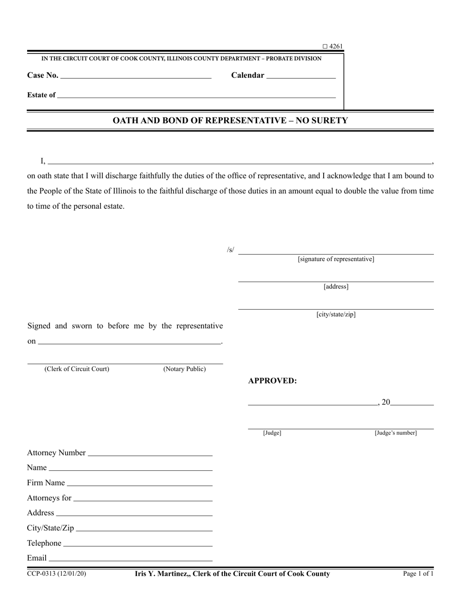 Form CCP0313 Oath and Bond of Representative - No Surety - Cook County, Illinois, Page 1