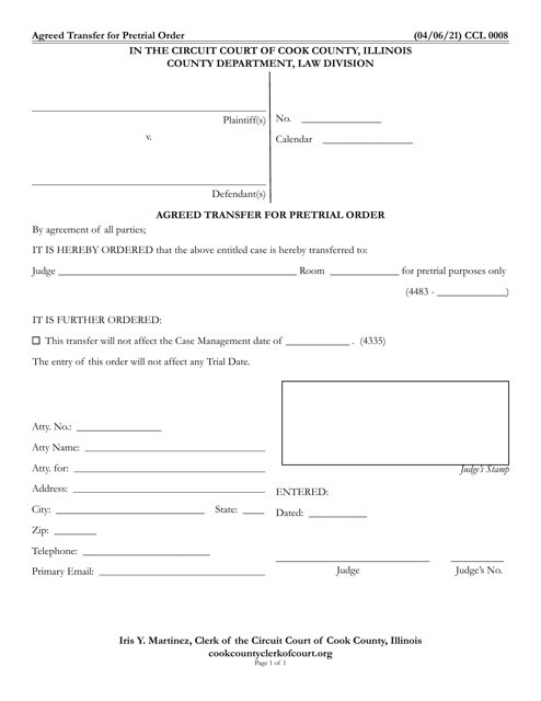 Form CCL0008 Agreed Transfer for Pretrial Order - Cook County, Illinois