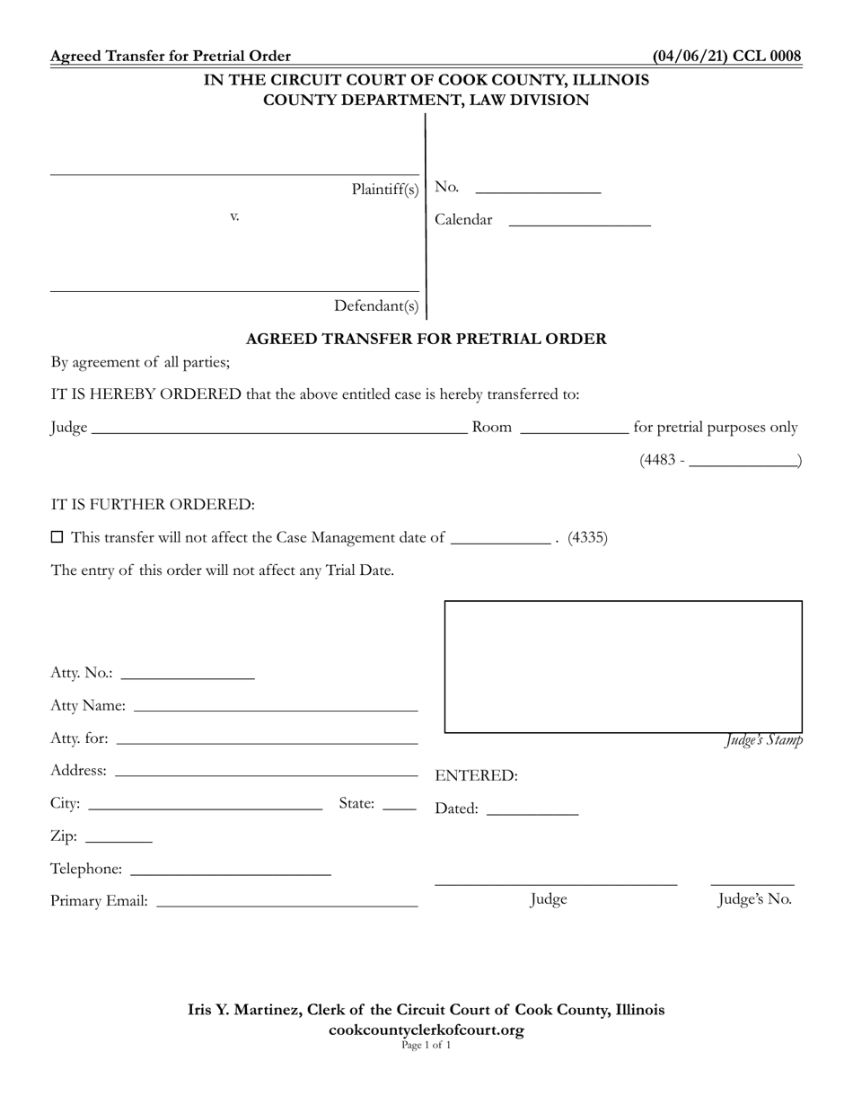 Form CCL0008 Agreed Transfer for Pretrial Order - Cook County, Illinois, Page 1